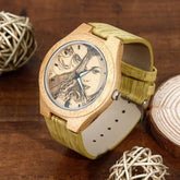 Women's Engraved Bamboo Photo Watch Wooden Leather Strap 40mm - Show Gadgets