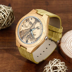 Women's Engraved Bamboo Photo Watch Wooden Leather Strap 40mm - Show Gadgets