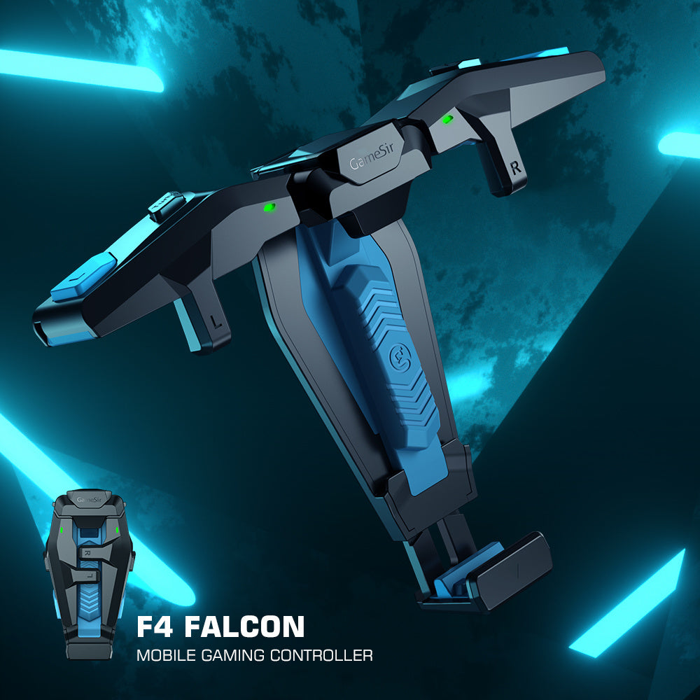 F4 Falcon mobile gaming controller with a futuristic design on a dark background