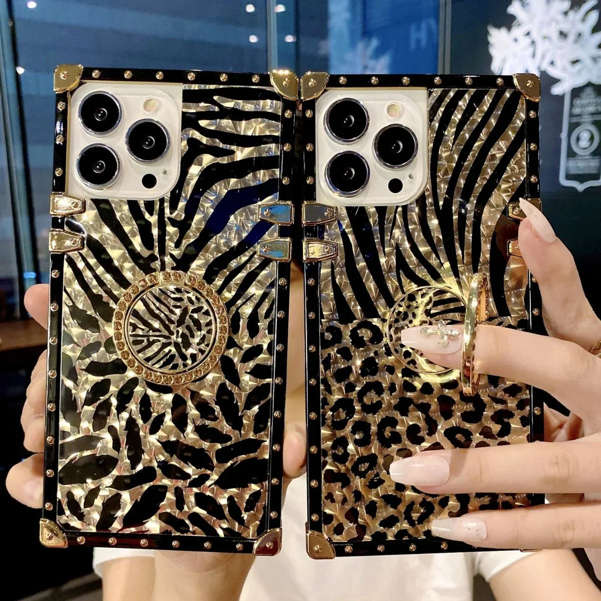 Square Fashion Leopard Print Classic Feather Phone Case - Show Gadgets