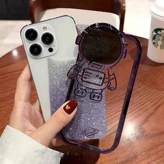 Glitter Astronaut Camera Stand Phone Case For I14 13 12 11 Pro Max XR 14 Plus Invisible Lens Bracket Plating Soft Cover - Show Gadgets
