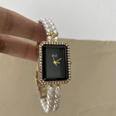 Silver Black Square Pearl Bracelet Diamond Fashion Quartz Watch - Show Gadgets