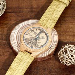 Women's Engraved Bamboo Photo Watch Wooden Leather Strap 40mm - Show Gadgets