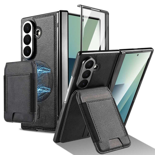 For Samsung Galaxy Z Fold7 5G Magnetic Case Detachable Card Holder Kickstand Leather + PC Phone Cover with Tempered Glass Film
