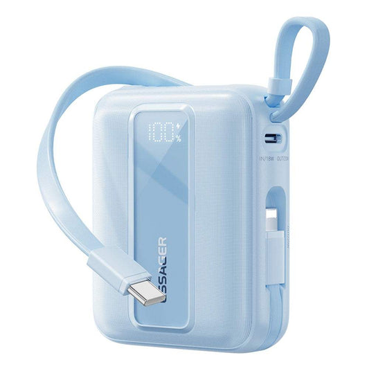 ESSAGER Digital Display 20000mAh blue power bank with 22.5W fast charging and dual built-in Type-C and iP cables.