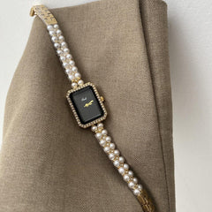 Silver Black Square Pearl Bracelet Diamond Fashion Quartz Watch - Show Gadgets