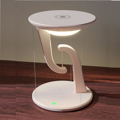 Modern table lamp with a unique design on a wooden floor.