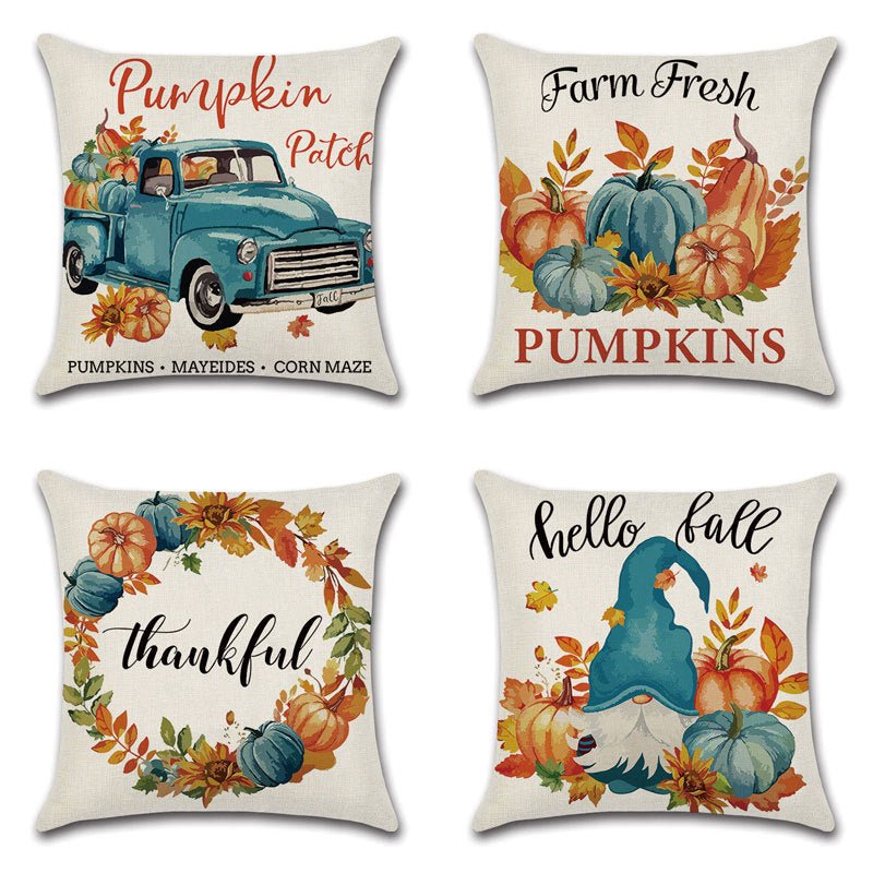 Thanksgiving Linen Pillowcase – Pumpkin Cartoon Car with Festive Wreath Design - Show Gadgets