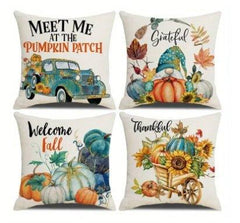 Thanksgiving Linen Pillowcase – Pumpkin Cartoon Car with Festive Wreath Design - Show Gadgets