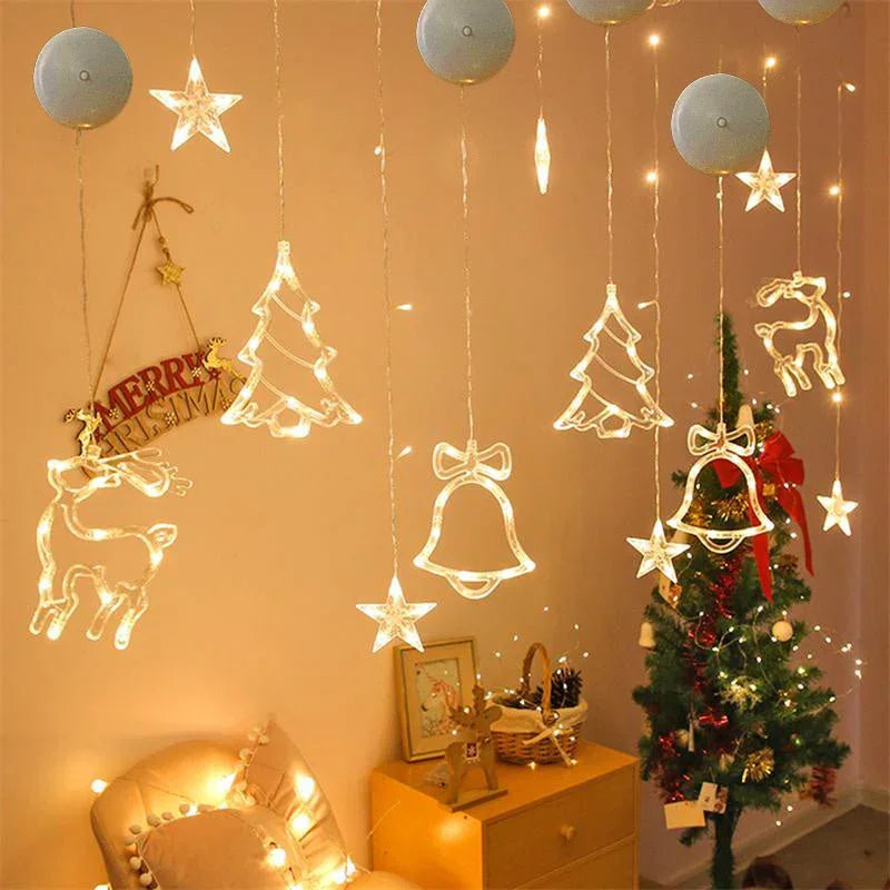 Christmas LED Suction Cup Chandelier Lights – Santa Claus, Elk & Snowman Window Decorations - Show Gadgets