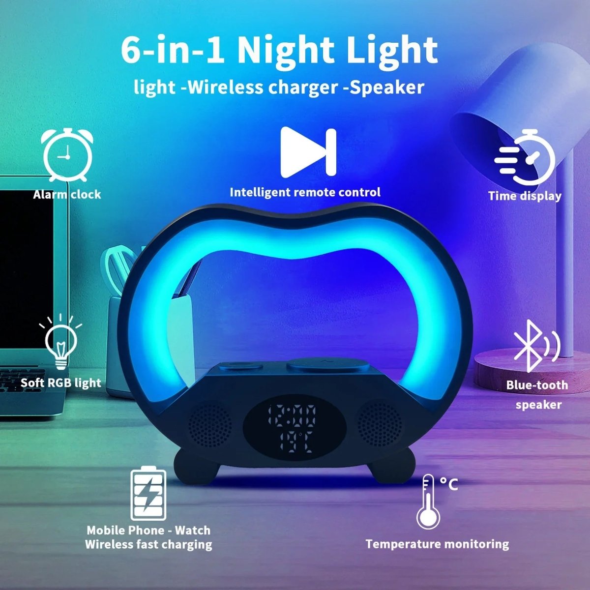 2024 New 6 In 1 Smart Remote Control Bluetooth - compatible Ambience Intelligent LED Table Lamp Multi - function Wireless Charger Night Light Bluetooth - compatible Speaker - Show Gadgets