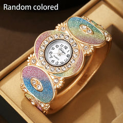 Oval Diamond Decoration Bangle Flower And Leaf Diamond Women's Quartz Watch