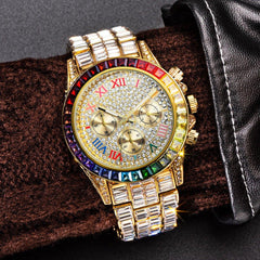 Fashion Three Eyes Rainbow Diamond Daikin Watch Full Square Diamond British Men's Watch - Show Gadgets