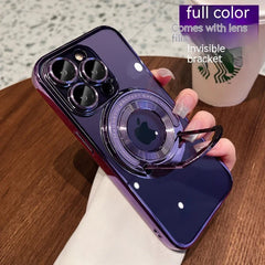 Iphone15 Pull Rod Magnetic Suction Phone Case Electroplating 14 Invisible Bracket 13ProMax Transparent Soft Cover - Show Gadgets