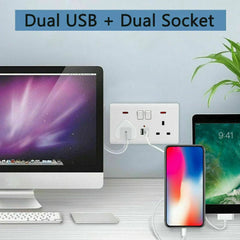 Double Wall Plug Socket 2 Gang 13A W 2 Charger USB Outlets Flat UK - Show Gadgets