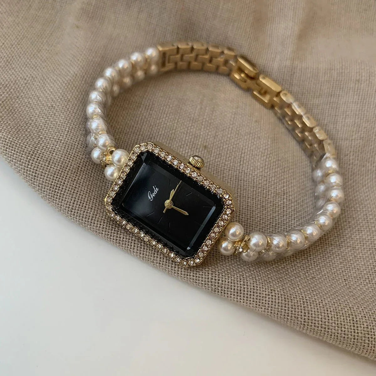 Silver Black Square Pearl Bracelet Diamond Fashion Quartz Watch - Show Gadgets