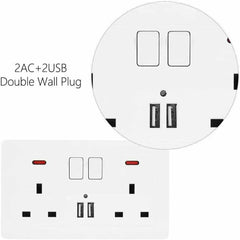 Double Wall Plug Socket 2 Gang 13A W 2 Charger USB Outlets Flat UK - Show Gadgets