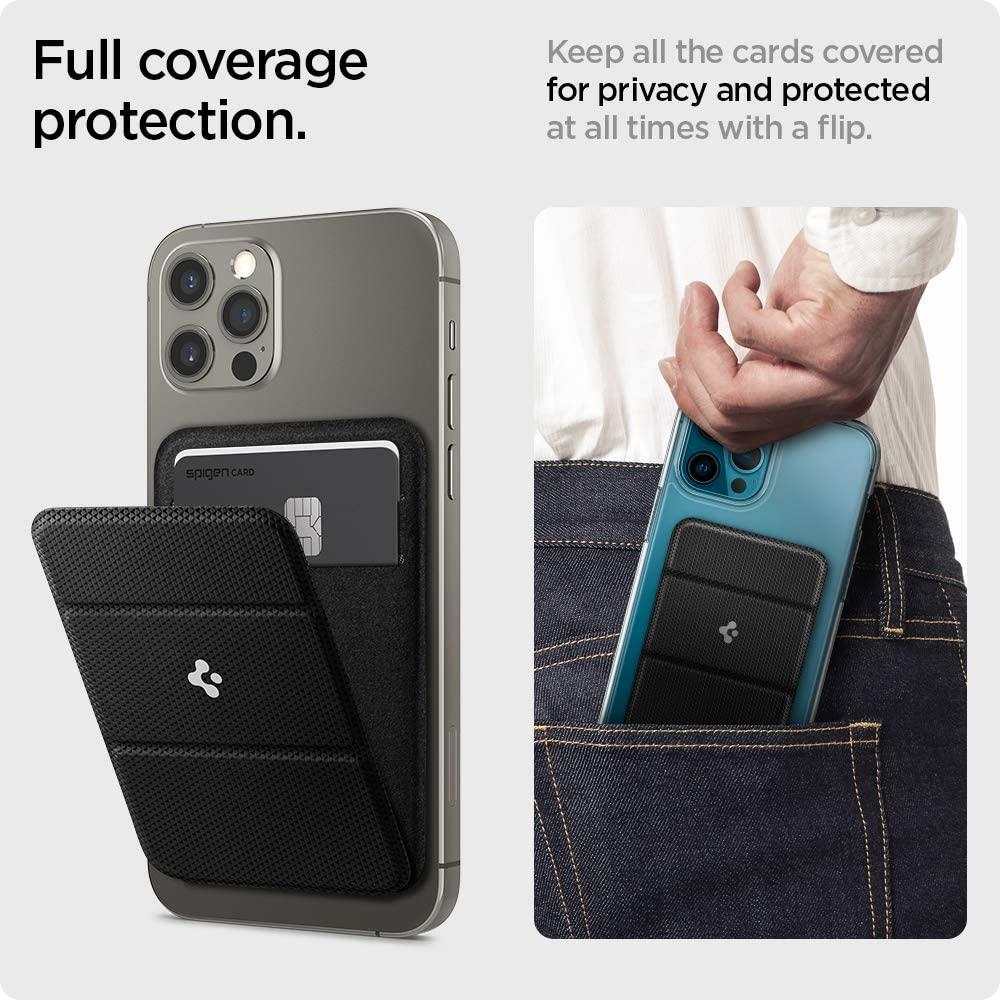 Black magnetic card holder attached to iPhone displaying cards and phone stand feature