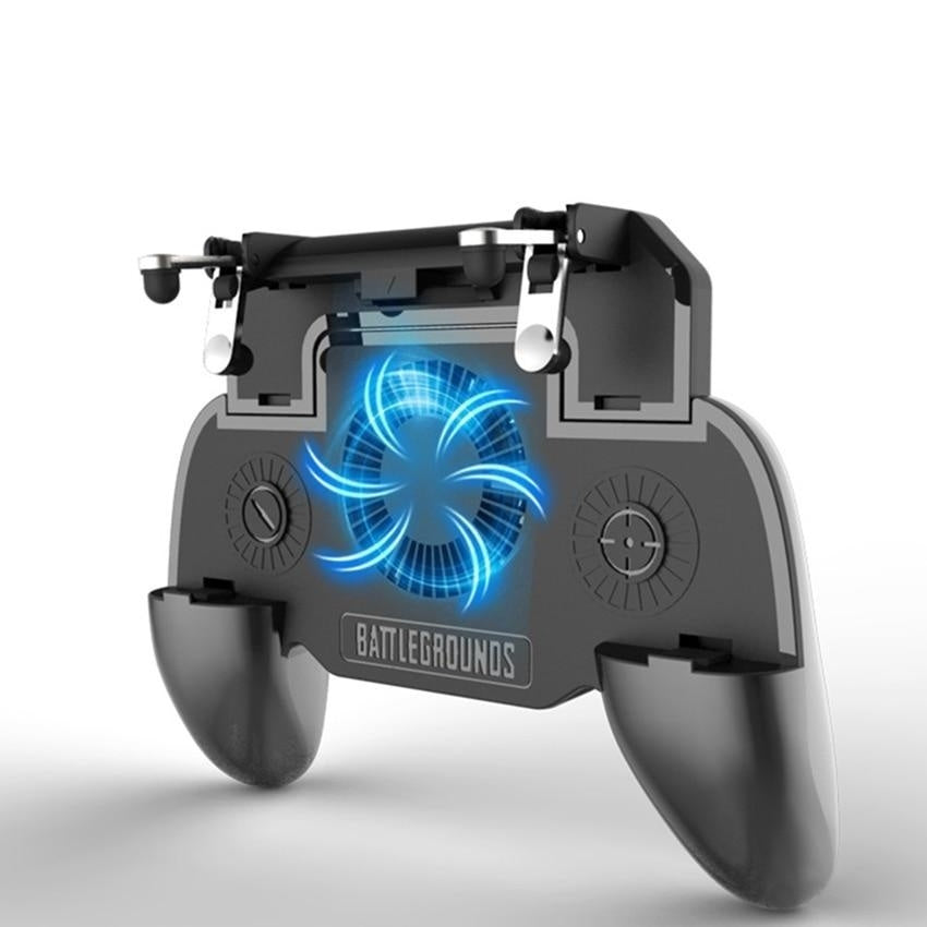 Gaming phone holder with cooling fan and 'Battlegrounds' branding on a white background