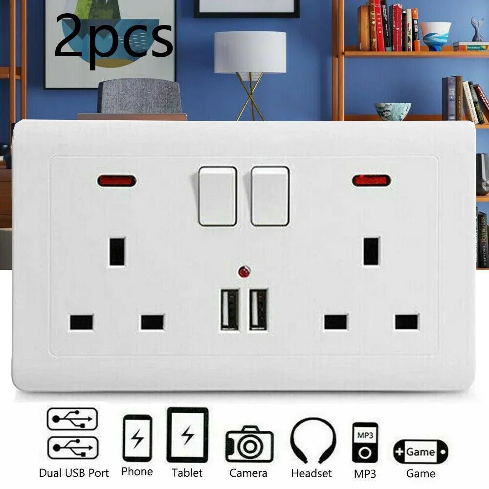 Double Wall Plug Socket 2 Gang 13A W 2 Charger USB Outlets Flat UK - Show Gadgets