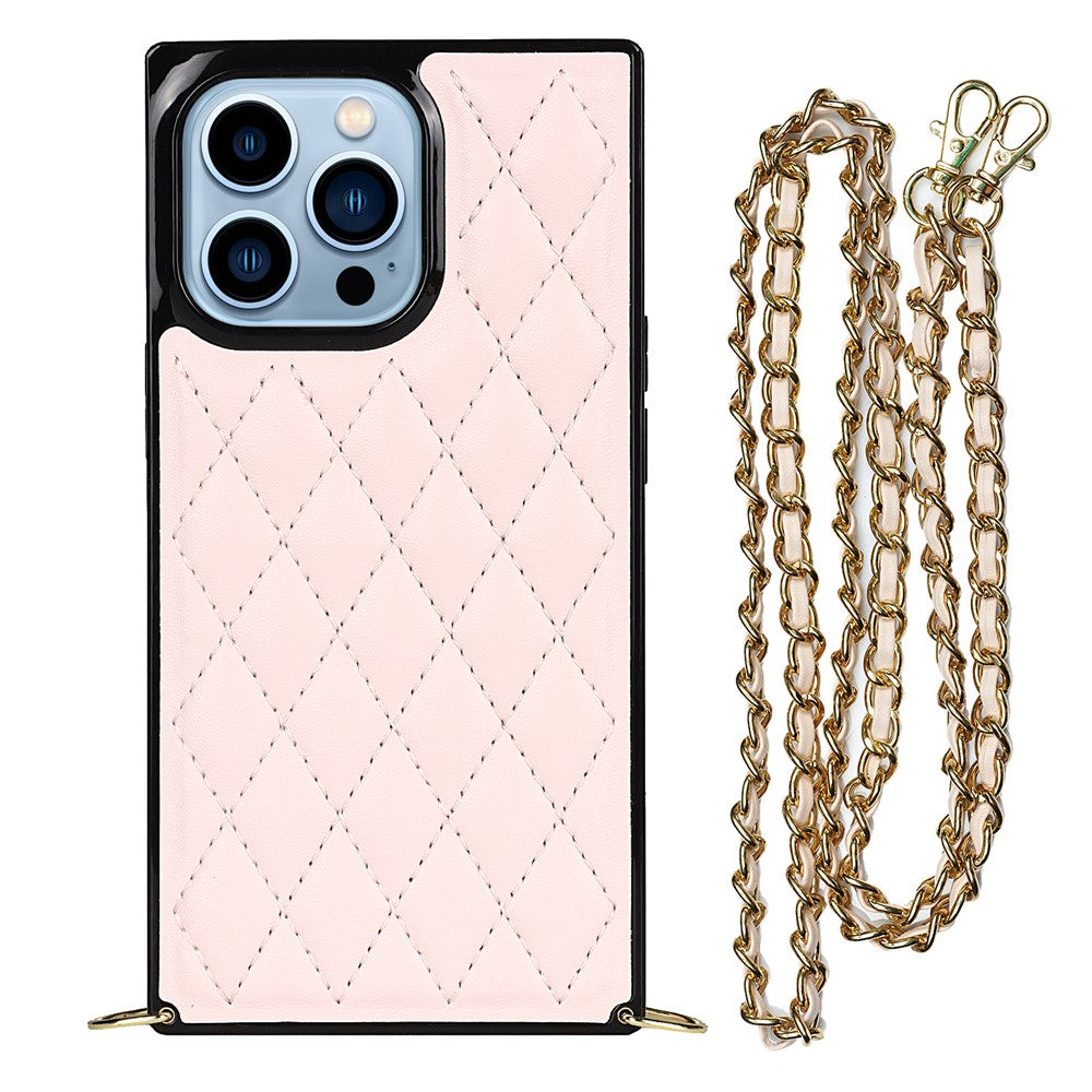 Rhombus Grid Pattern Well-protected Microfiber Leather Coated TPU Phone Case Cover with Metal Shoulder Strap for iPhone 13 Pro Max 6.7 inch