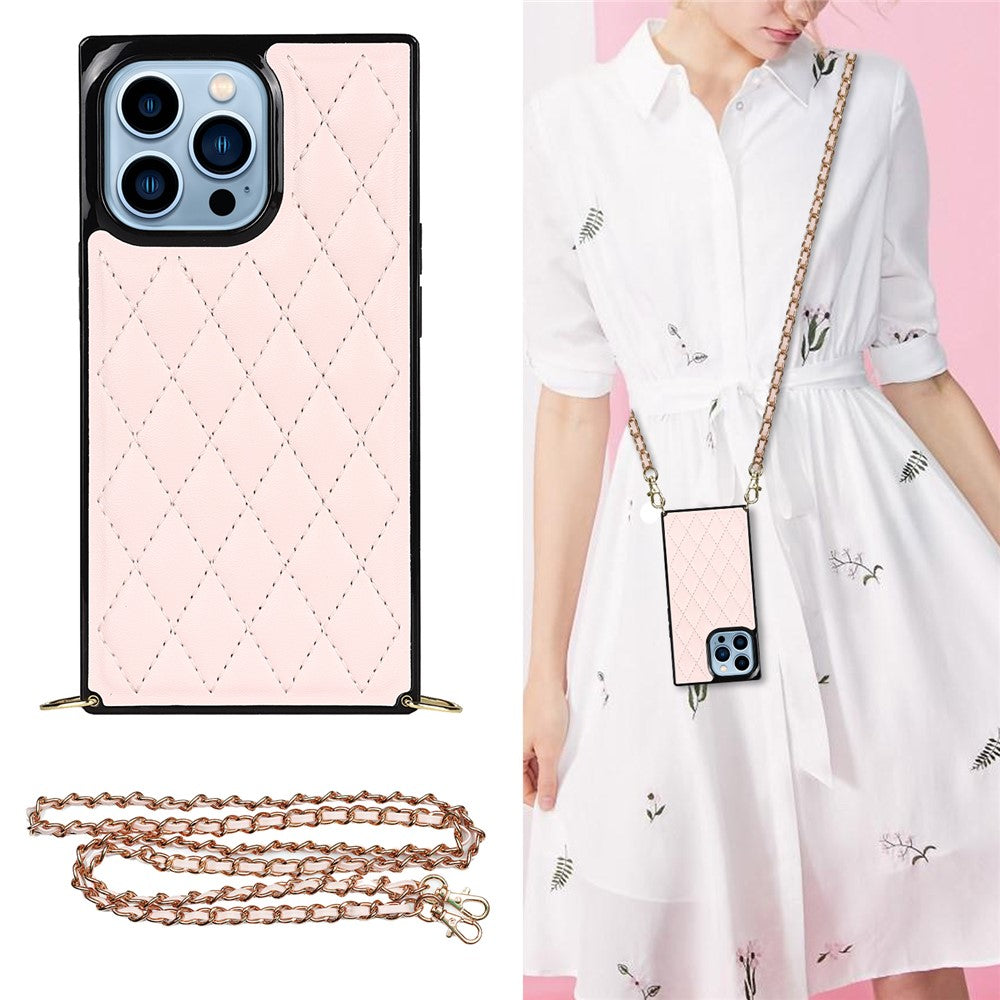 Rhombus Grid Pattern Well-protected Microfiber Leather Coated TPU Phone Case Cover with Metal Shoulder Strap for iPhone 13 Pro Max 6.7 inch