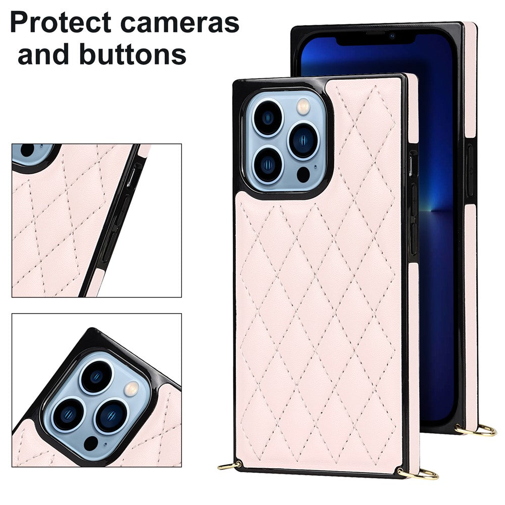 Rhombus Grid Pattern Well-protected Microfiber Leather Coated TPU Phone Case Cover with Metal Shoulder Strap for iPhone 13 Pro Max 6.7 inch