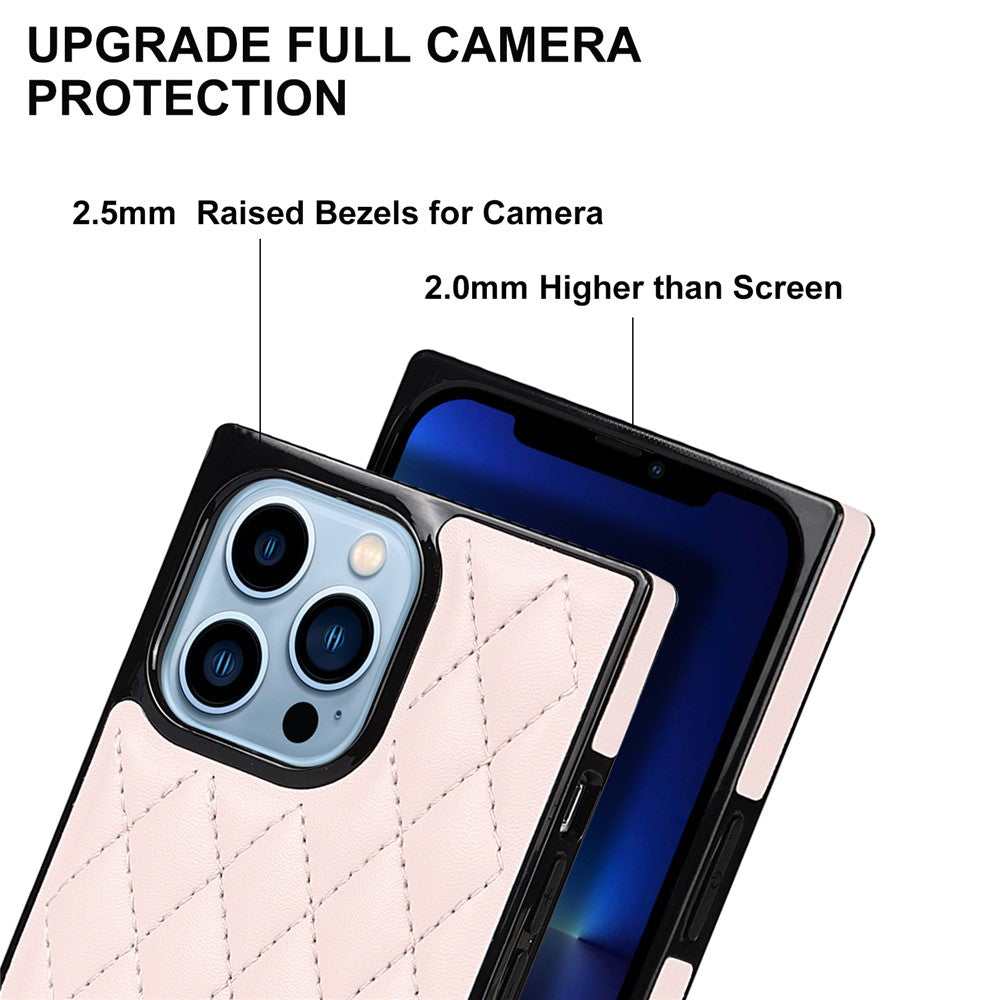 Rhombus Grid Pattern Well-protected Microfiber Leather Coated TPU Phone Case Cover with Metal Shoulder Strap for iPhone 13 Pro Max 6.7 inch