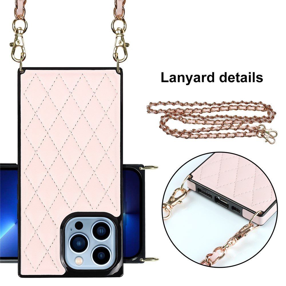Rhombus Grid Pattern Well-protected Microfiber Leather Coated TPU Phone Case Cover with Metal Shoulder Strap for iPhone 13 Pro Max 6.7 inch