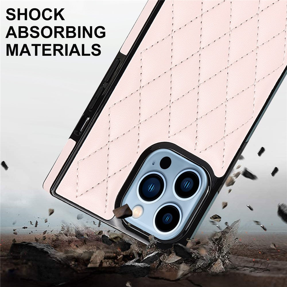Rhombus Grid Pattern Well-protected Microfiber Leather Coated TPU Phone Case Cover with Metal Shoulder Strap for iPhone 13 Pro Max 6.7 inch