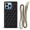 Rhombus Grid Pattern Well-protected Microfiber Leather Coated TPU Phone Case Cover with Metal Shoulder Strap for iPhone 13 Pro Max 6.7 inch