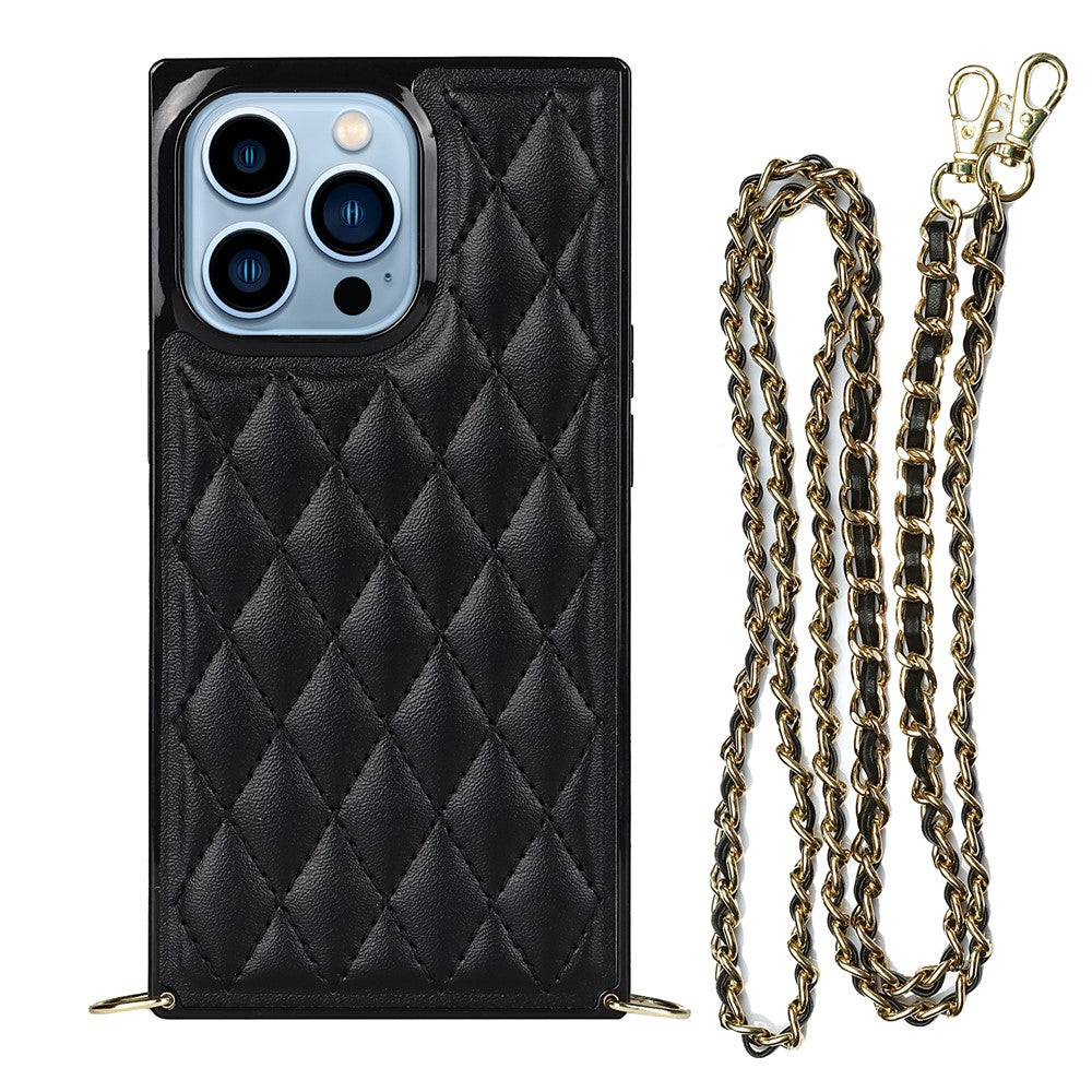 Rhombus Grid Pattern Well-protected Microfiber Leather Coated TPU Phone Case Cover with Metal Shoulder Strap for iPhone 13 Pro Max 6.7 inch