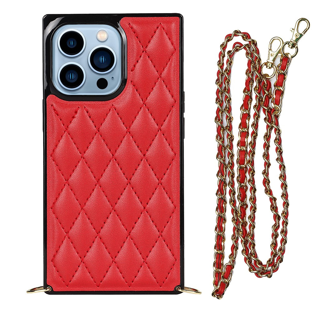 Rhombus Grid Pattern Well-protected Microfiber Leather Coated TPU Phone Case Cover with Metal Shoulder Strap for iPhone 13 Pro Max 6.7 inch