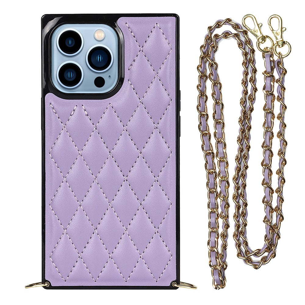 Rhombus Grid Pattern Well-protected Microfiber Leather Coated TPU Phone Case Cover with Metal Shoulder Strap for iPhone 13 Pro Max 6.7 inch