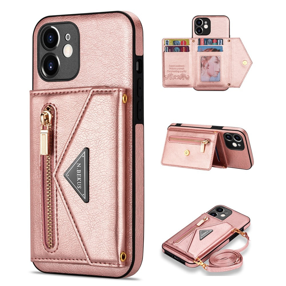N.BEKUS for iPhone 12 mini 5.4 inch Kickstand Design Wallet Anti-scratch Drop-proof PU Leather + TPU Mobile Phone Case with Long Lanyard