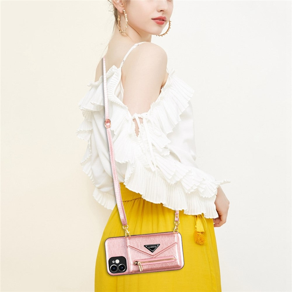 N.BEKUS for iPhone 12 mini 5.4 inch Kickstand Design Wallet Anti-scratch Drop-proof PU Leather + TPU Mobile Phone Case with Long Lanyard