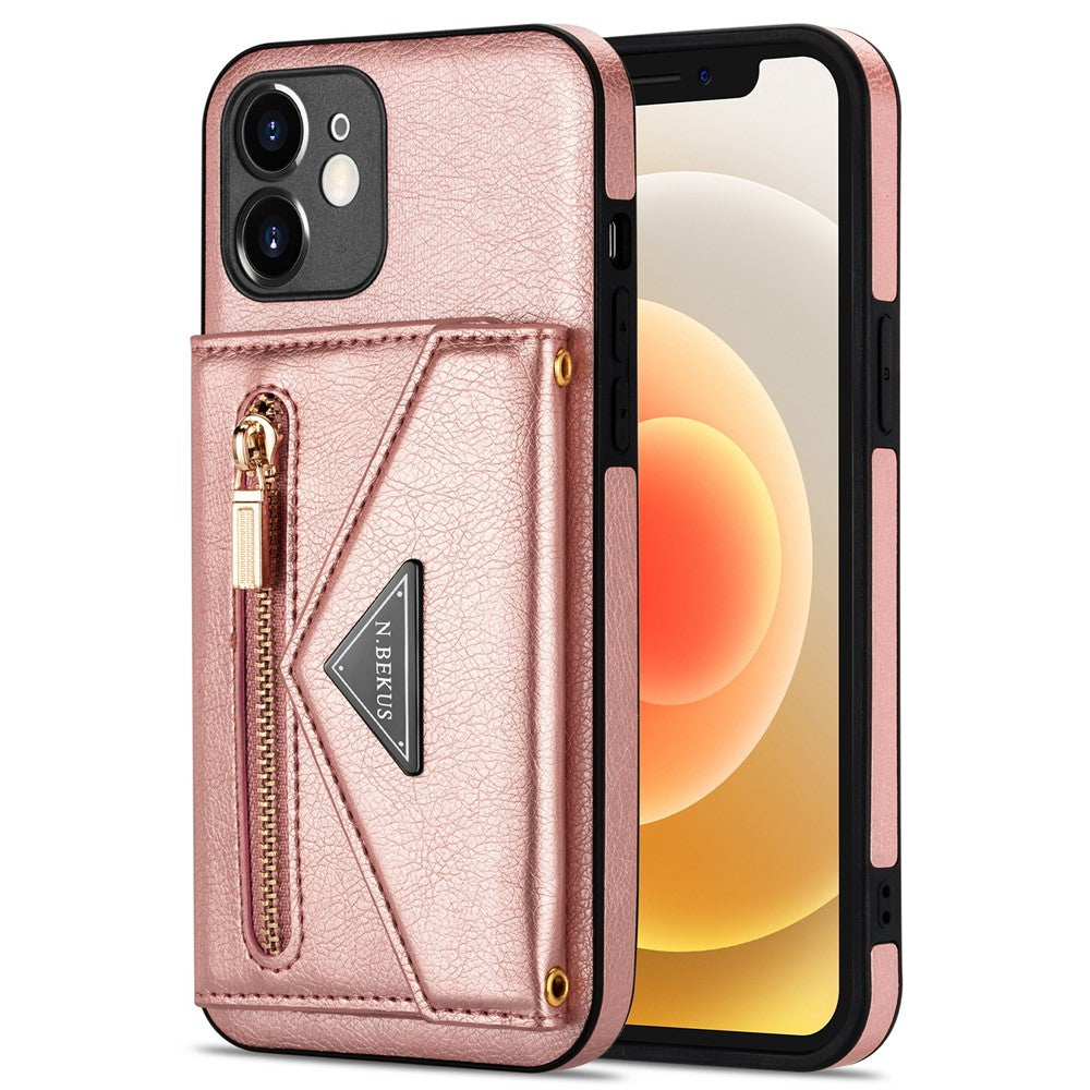 N.BEKUS for iPhone 12 mini 5.4 inch Kickstand Design Wallet Anti-scratch Drop-proof PU Leather + TPU Mobile Phone Case with Long Lanyard