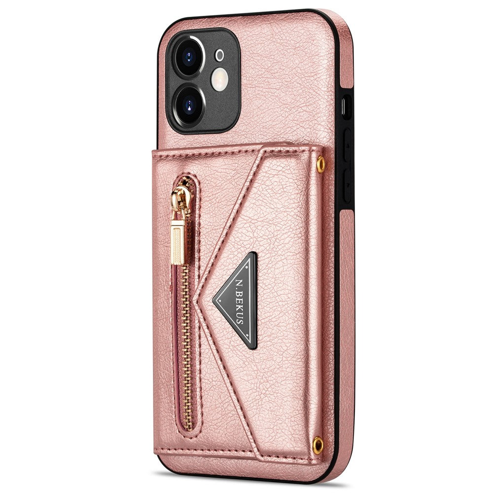 N.BEKUS for iPhone 12 mini 5.4 inch Kickstand Design Wallet Anti-scratch Drop-proof PU Leather + TPU Mobile Phone Case with Long Lanyard