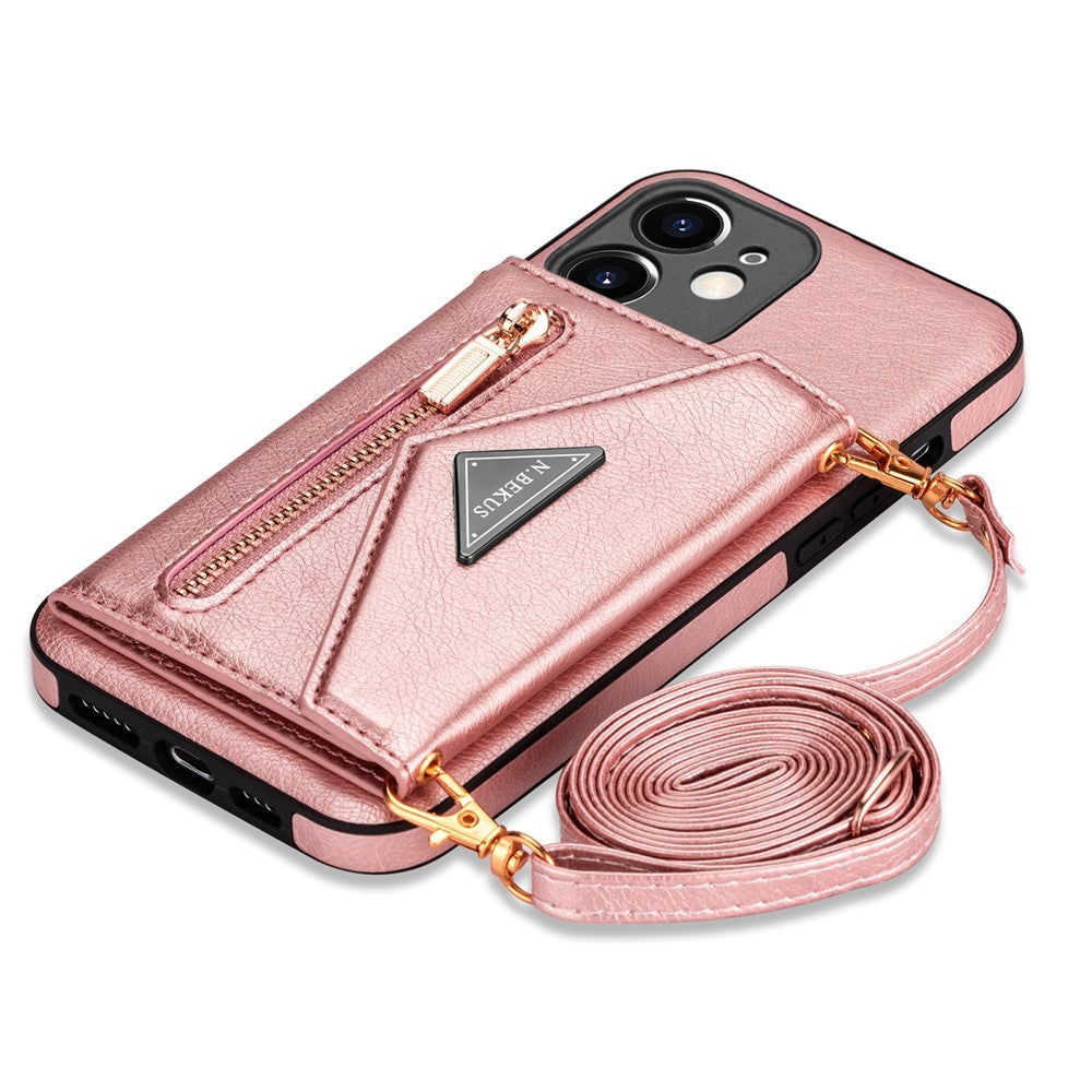 N.BEKUS for iPhone 12 mini 5.4 inch Kickstand Design Wallet Anti-scratch Drop-proof PU Leather + TPU Mobile Phone Case with Long Lanyard