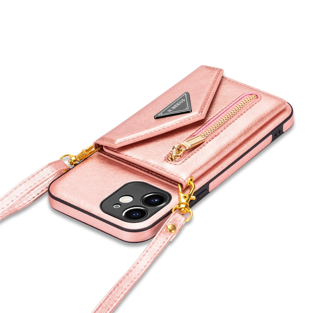 N.BEKUS for iPhone 12 mini 5.4 inch Kickstand Design Wallet Anti-scratch Drop-proof PU Leather + TPU Mobile Phone Case with Long Lanyard
