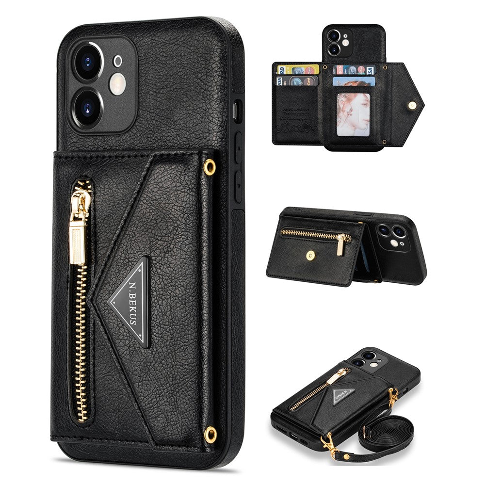 N.BEKUS for iPhone 12 mini 5.4 inch Kickstand Design Wallet Anti-scratch Drop-proof PU Leather + TPU Mobile Phone Case with Long Lanyard