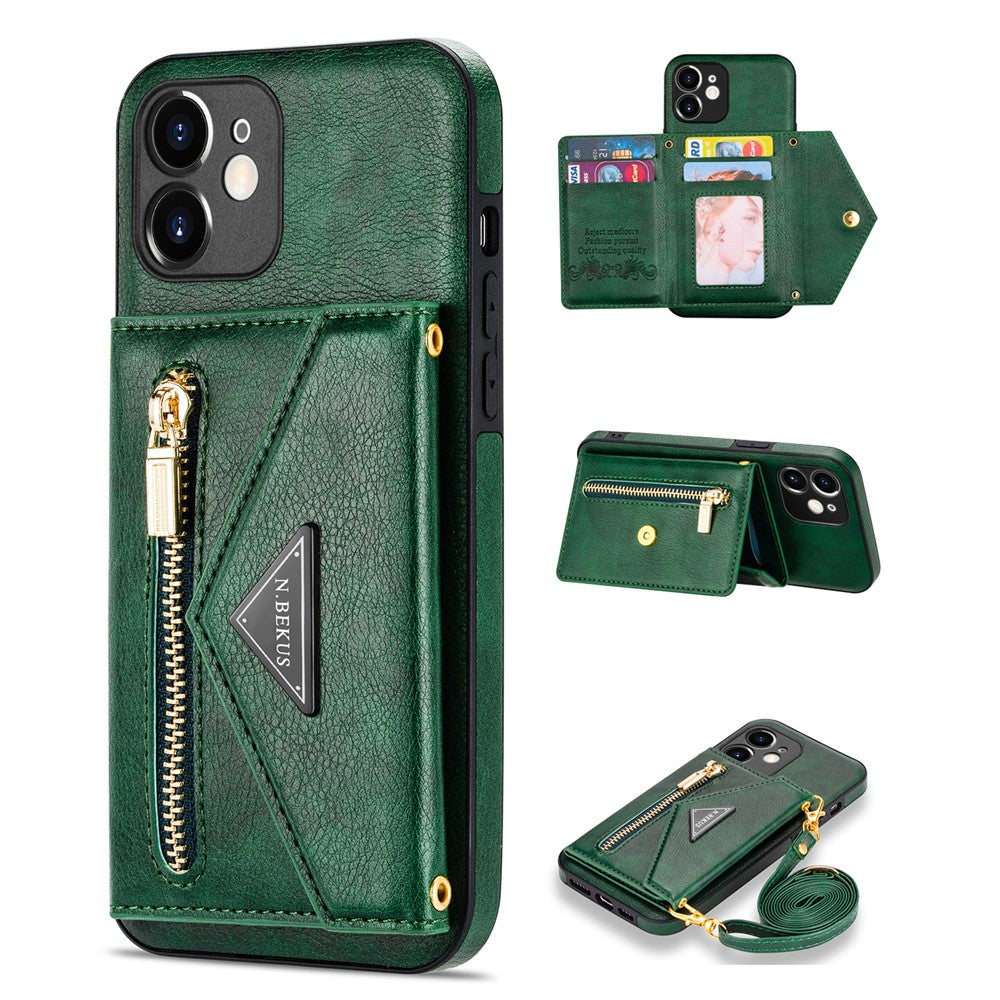 N.BEKUS for iPhone 12 mini 5.4 inch Kickstand Design Wallet Anti-scratch Drop-proof PU Leather + TPU Mobile Phone Case with Long Lanyard