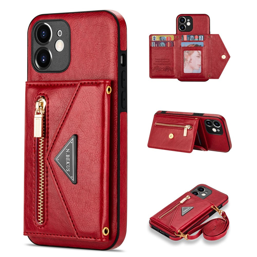 N.BEKUS for iPhone 12 mini 5.4 inch Kickstand Design Wallet Anti-scratch Drop-proof PU Leather + TPU Mobile Phone Case with Long Lanyard