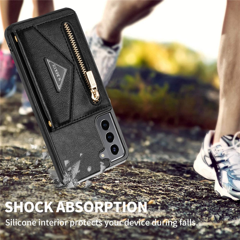 N.BEKUS for Samsung Galaxy S21 4G/5G Kickstand Design Wallet Dual-layer Protection PU Leather + TPU Cell Phone Case