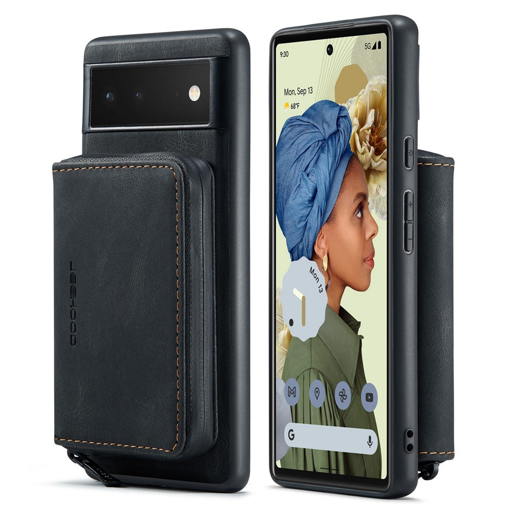 JEEHOOD Well-protected Anti-fall Kickstand Design Cover Leather Coated TPU Phone Case with Detachable Magnetic Zipper Wallet for Google Pixel 6