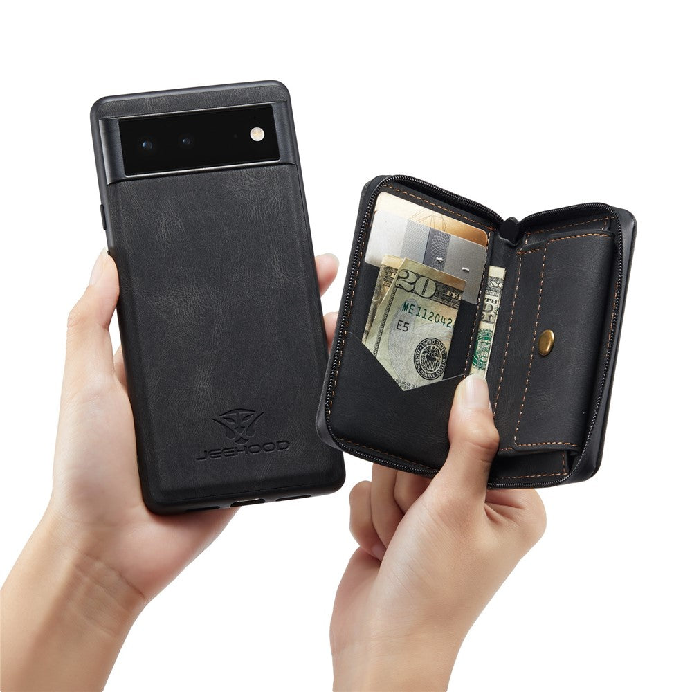 JEEHOOD Well-protected Anti-fall Kickstand Design Cover Leather Coated TPU Phone Case with Detachable Magnetic Zipper Wallet for Google Pixel 6