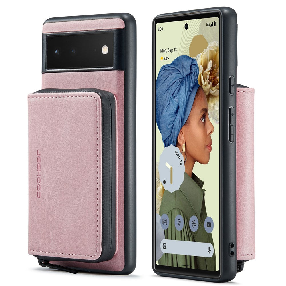 JEEHOOD Well-protected Anti-fall Kickstand Design Cover Leather Coated TPU Phone Case with Detachable Magnetic Zipper Wallet for Google Pixel 6