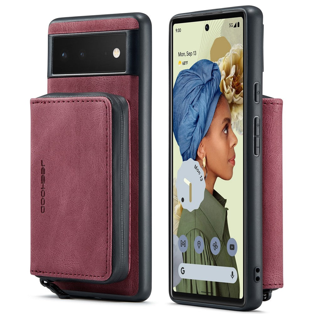 JEEHOOD Well-protected Anti-fall Kickstand Design Cover Leather Coated TPU Phone Case with Detachable Magnetic Zipper Wallet for Google Pixel 6