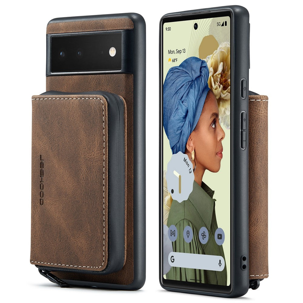 JEEHOOD Well-protected Anti-fall Kickstand Design Cover Leather Coated TPU Phone Case with Detachable Magnetic Zipper Wallet for Google Pixel 6