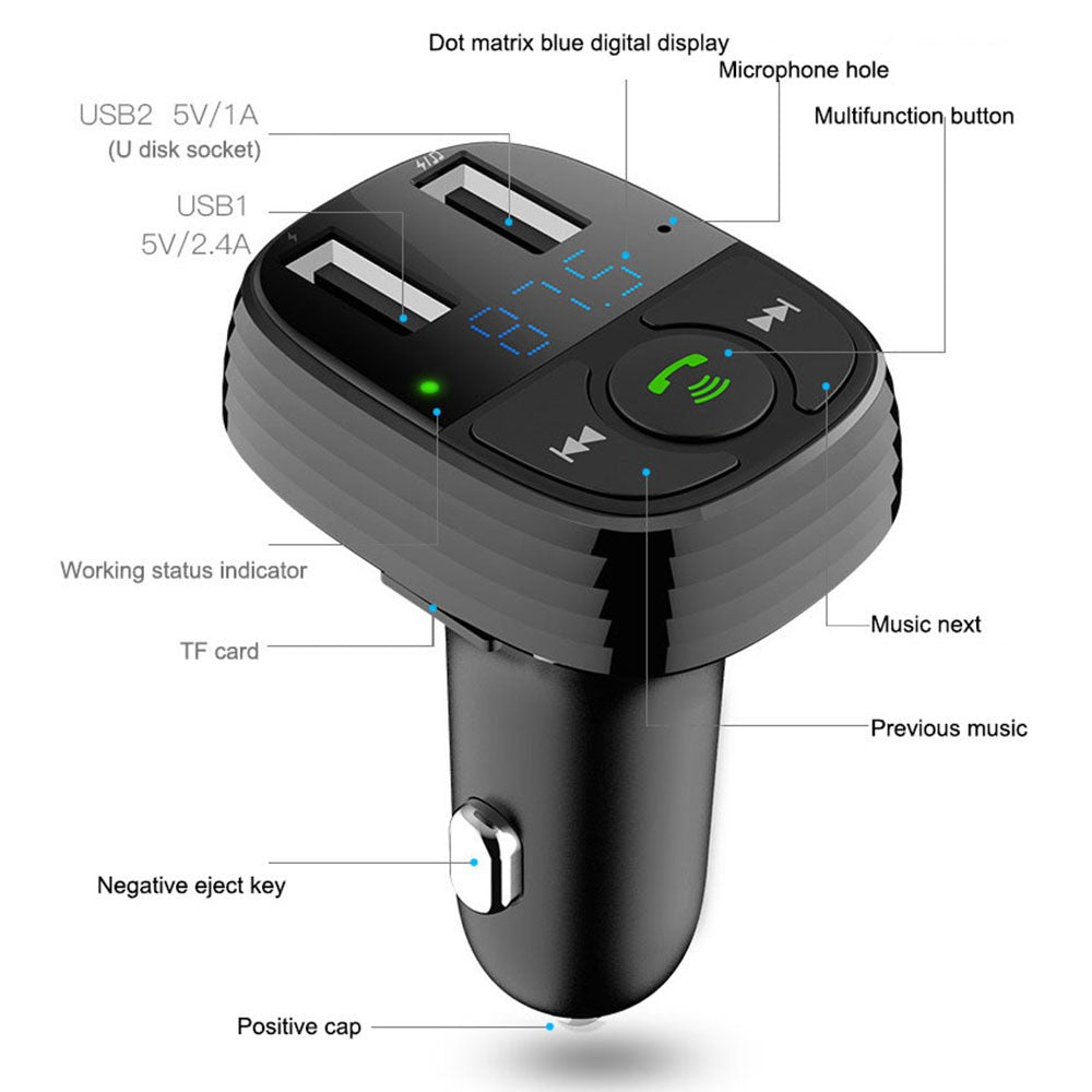 LOHEE S-11 Dual USB Ports FM Transmitter Bluetooth-compatible Calls Car Charger Cigarette Lighter Adapter